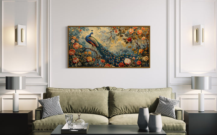 Antique Style Peacock In The Garden Tapestry Framed Canvas Wall Art