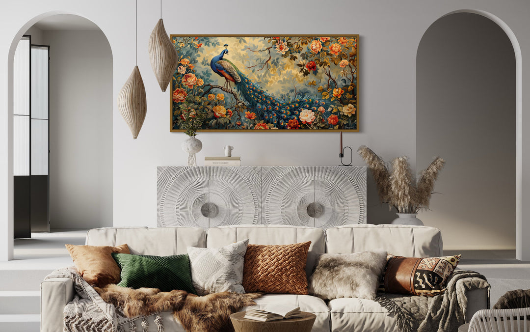 Antique Style Peacock In The Garden Tapestry Framed Canvas Wall Art in rich living room