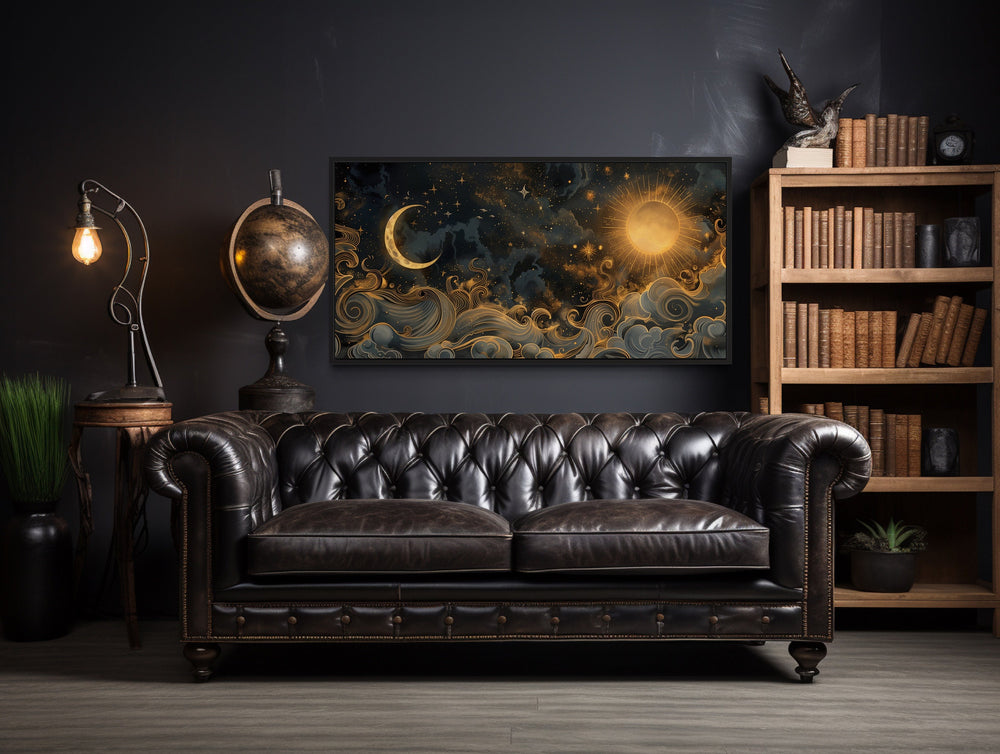 Black Gold Sun And Moon Celestial Framed Canvas Wall Art in dark room