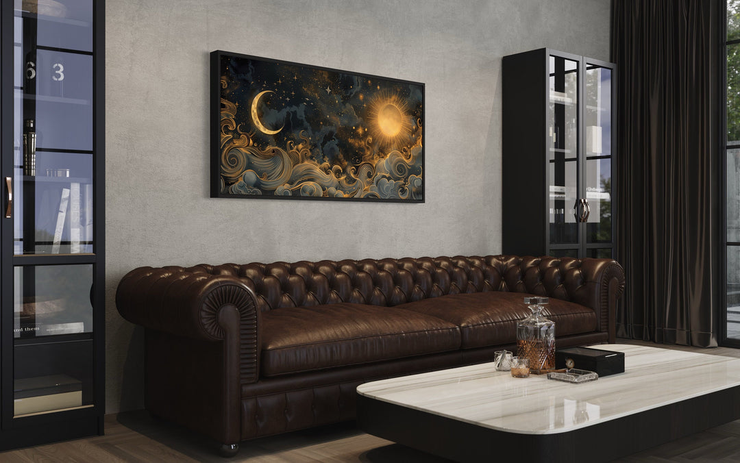 Black Gold Sun And Moon Celestial Framed Canvas Wall Art in living room