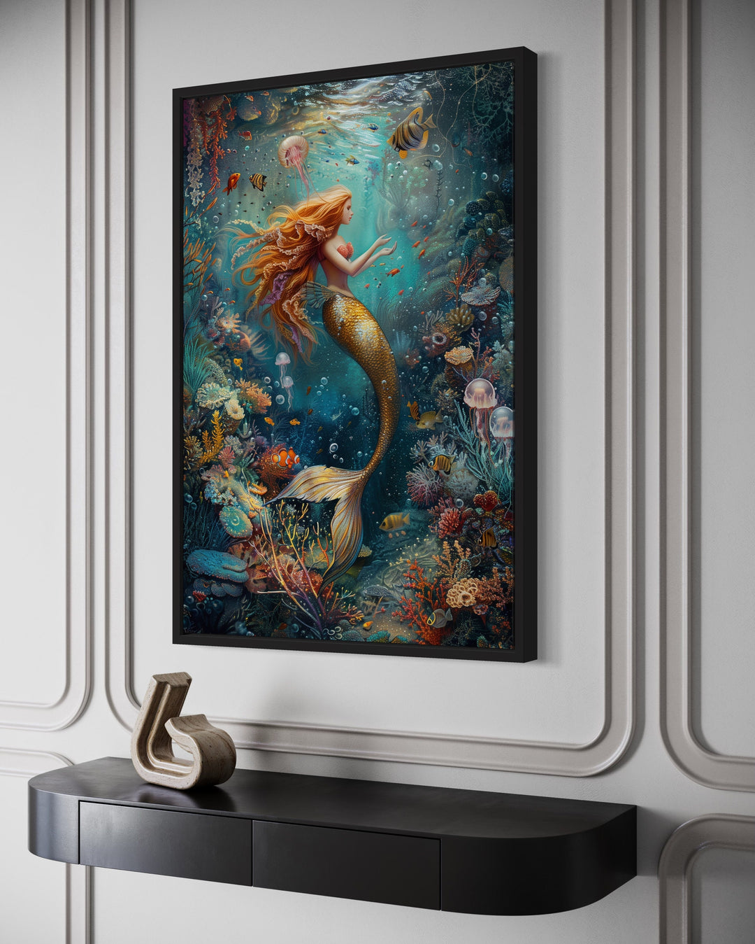 Mermaid In Ocean Coral Reef Framed Canvas Wall Art side view