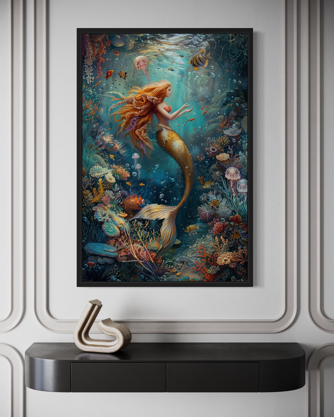 Mermaid In Ocean Coral Reef Framed Canvas Wall Art close up