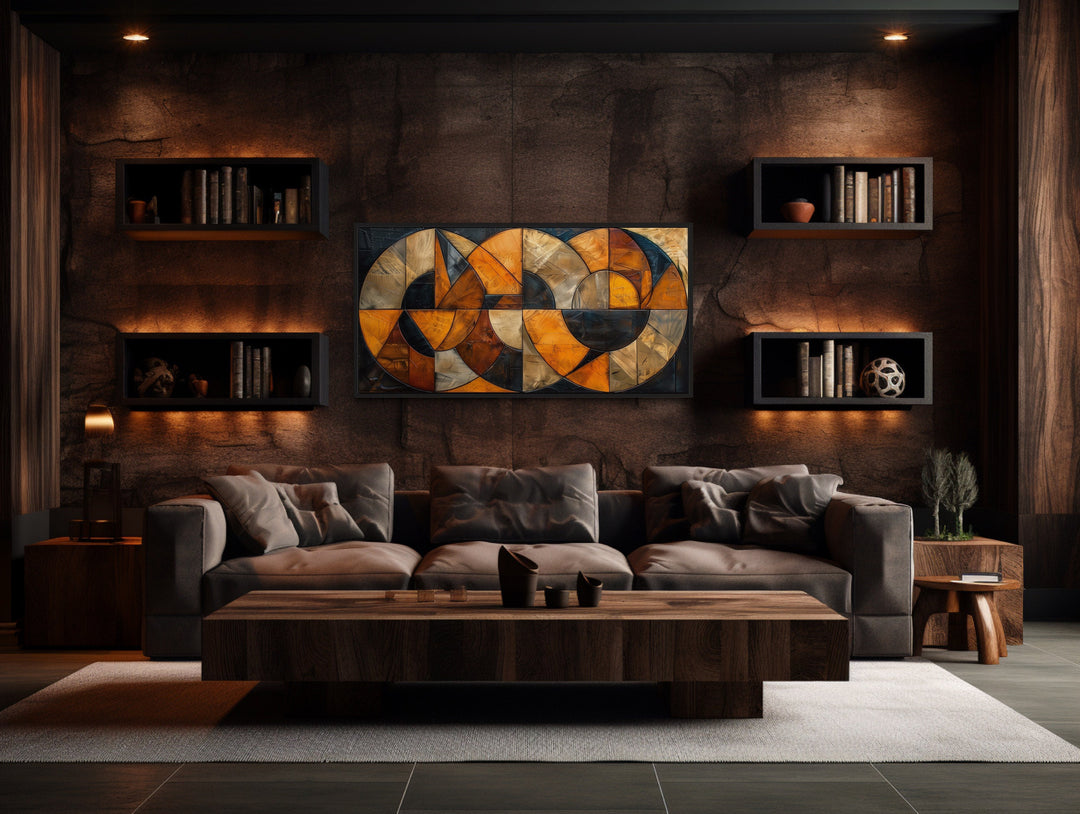 Brown Black Earth Tones Mid Century Modern Geometric Wall Art in man cave