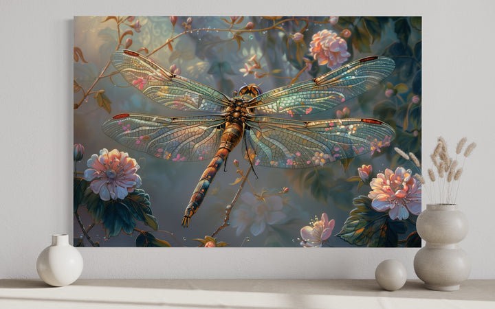 Beautiful Dragonfly On Flowers Delicate Painting Framed Canvas Wall Art close up