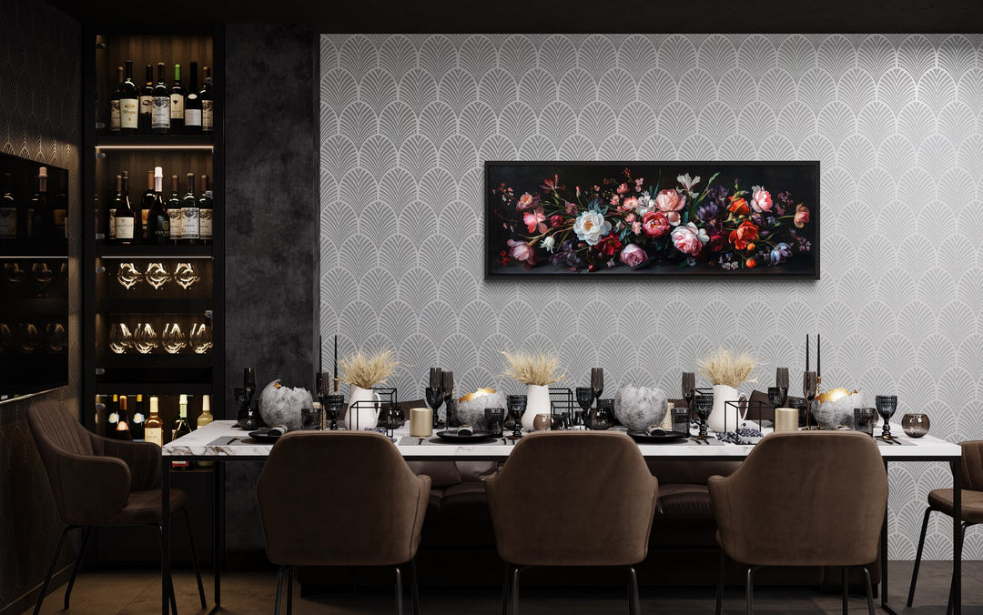 Moody Dark Flowers Antique Panoramic Canvas Wall Art in dining room
