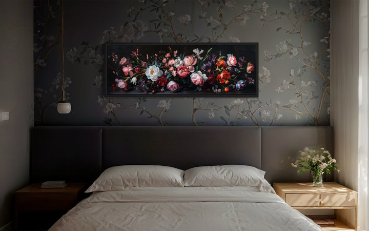 Moody Dark Flowers Antique Panoramic Canvas Wall Art above bed
