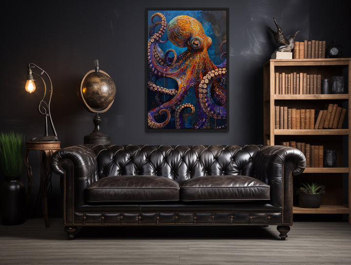 Gold Purple Octopus Framed Canvas Wall Art in man cave