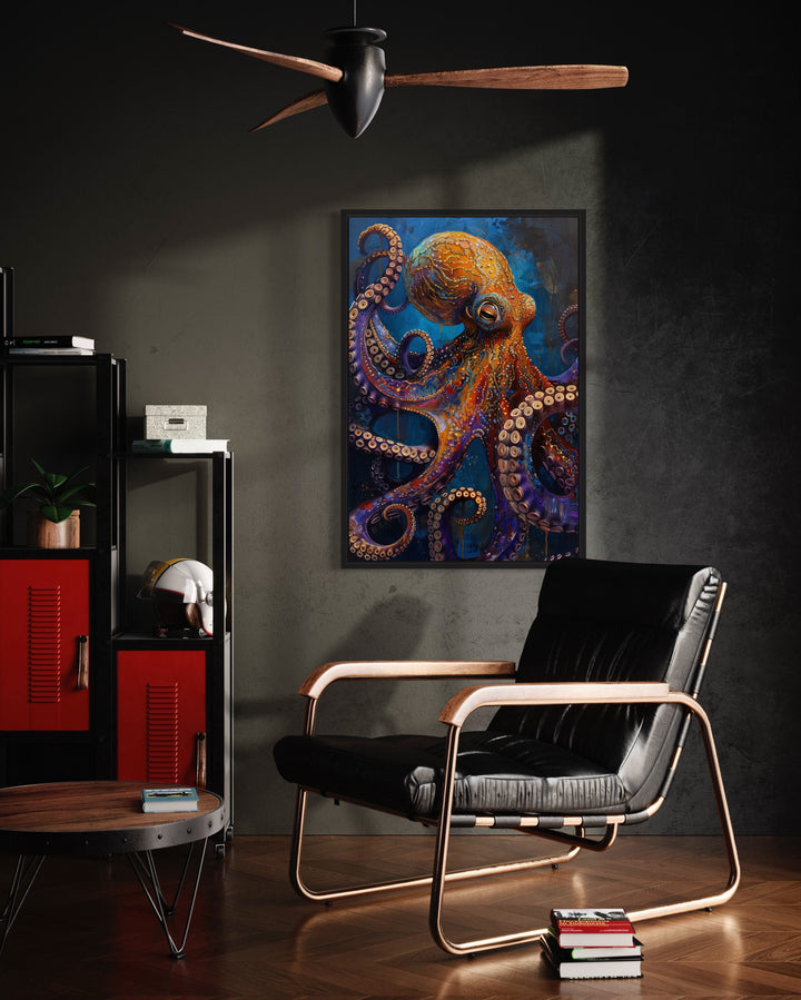 Gold Purple Octopus Framed Canvas Wall Art in the office