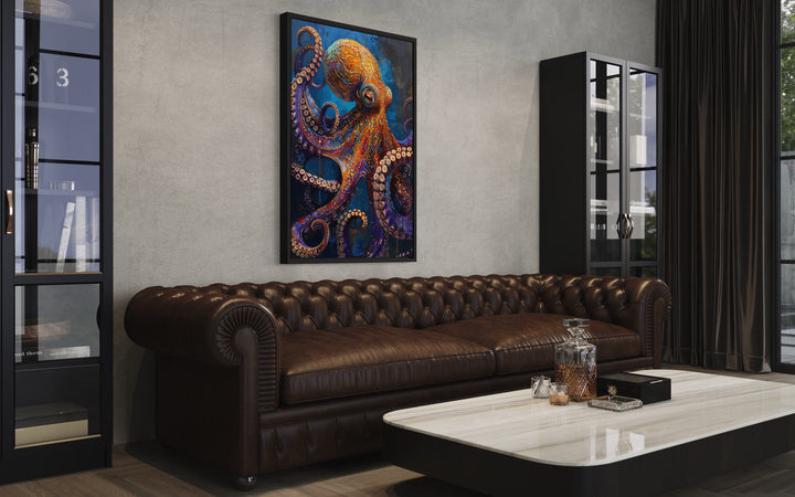 Gold Purple Octopus Framed Canvas Wall Art in living room