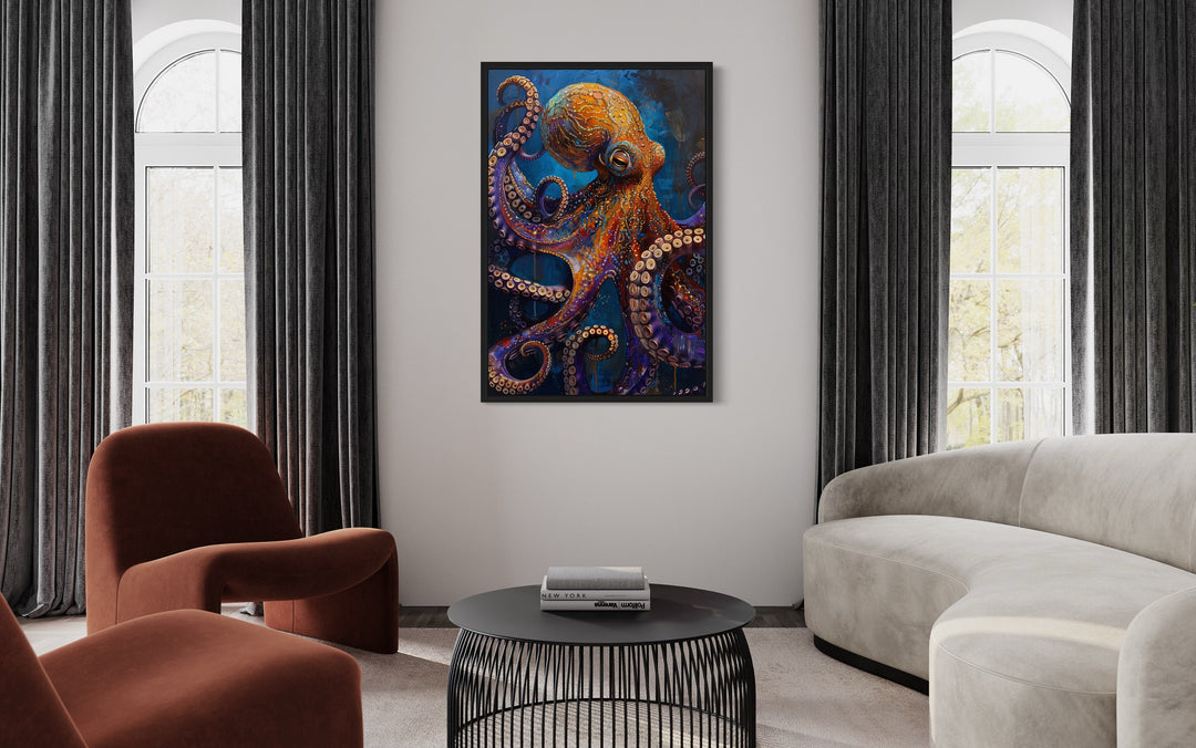 Gold Purple Octopus Framed Canvas Wall Art in living room