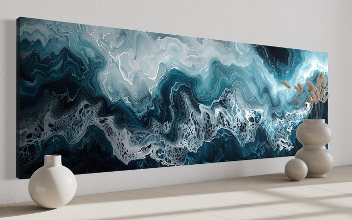 Long Horizontal Navy And Blue Abstract Ocean Wave Framed Canvas Wall Art side view