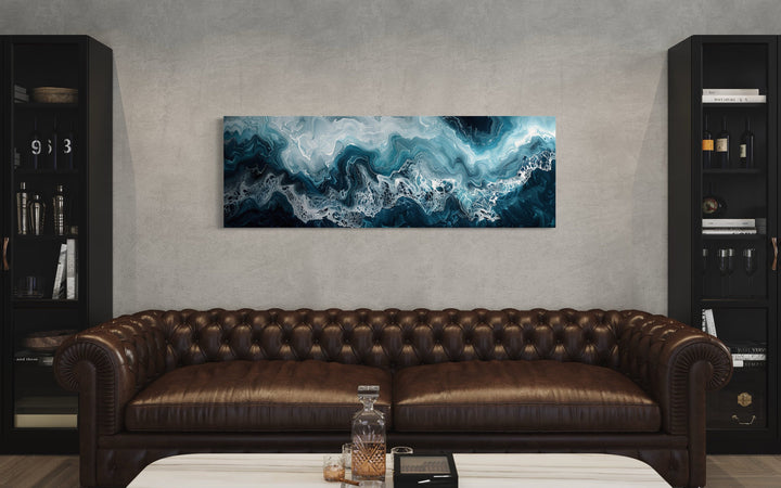 Long Horizontal Navy And Blue Abstract Ocean Wave Framed Canvas Wall Art