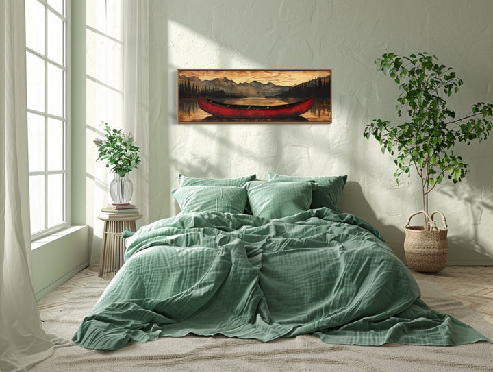 Old Red Canoe Painted On Wood Long Horizontal Framed Canvas Wall Art above bed