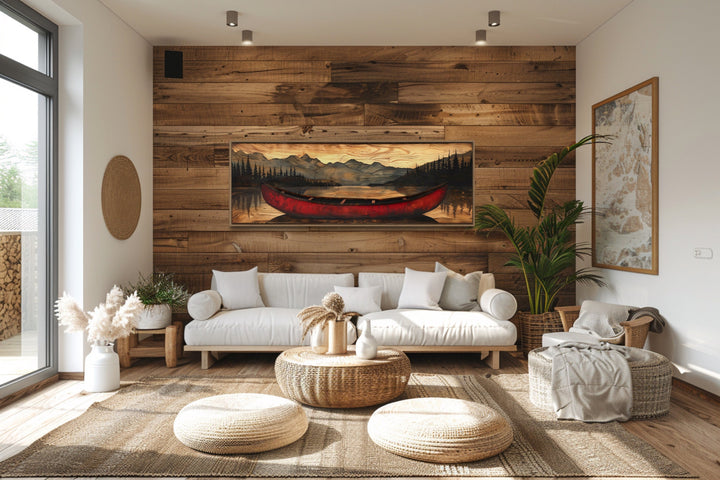 Old Red Canoe Painted On Wood Long Horizontal Framed Canvas Wall Art in rustic cabin