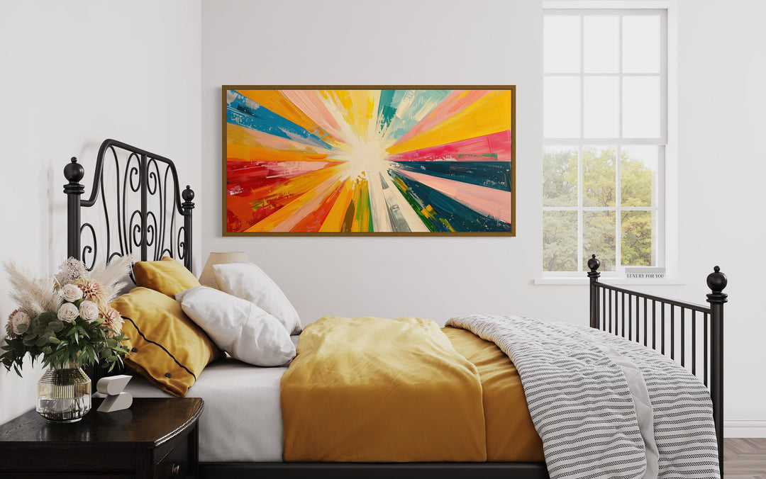 Abstract Multicolored Boho Sun Rays Framed Canvas Wall Art in bedroom