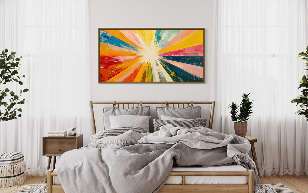 Abstract Multicolored Boho Sun Rays Framed Canvas Wall Art above bed