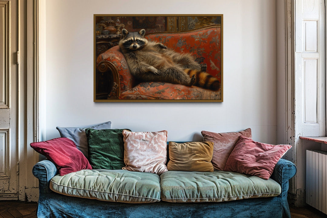 Fat Raccoon Victorian Portrait Framed Canvas Wall Art above couch