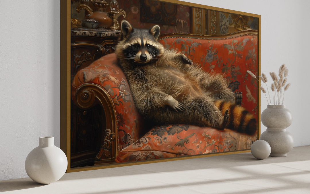 Fat Raccoon Victorian Portrait Framed Canvas Wall Art close up