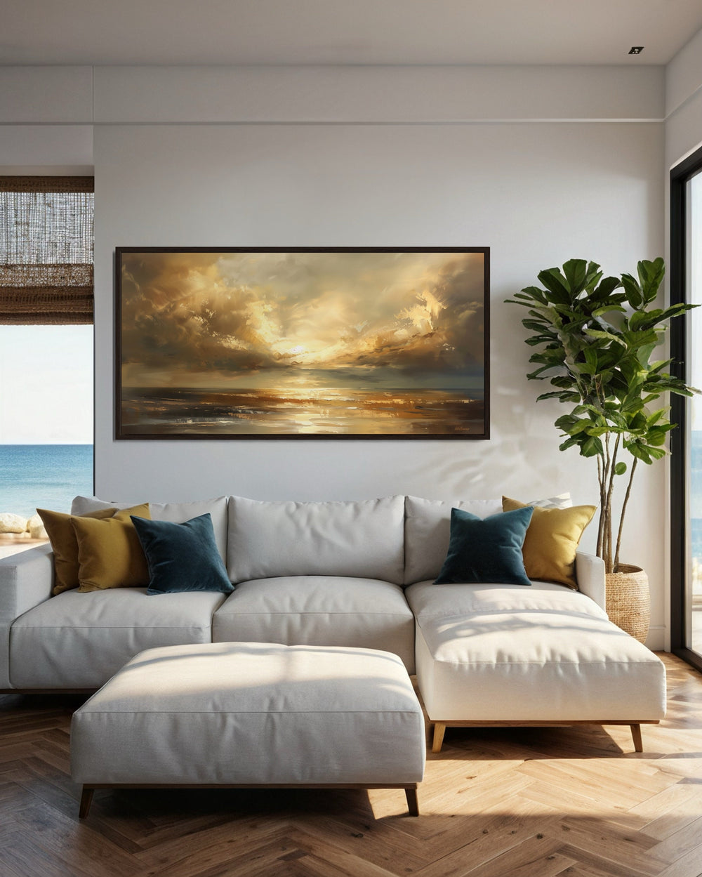 Golden Sunset Over Ocean Seascape Living Room Framed Canvas Wall Art