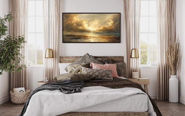 Golden Sunset Over Ocean Seascape Living Room Framed Canvas Wall Art above bed