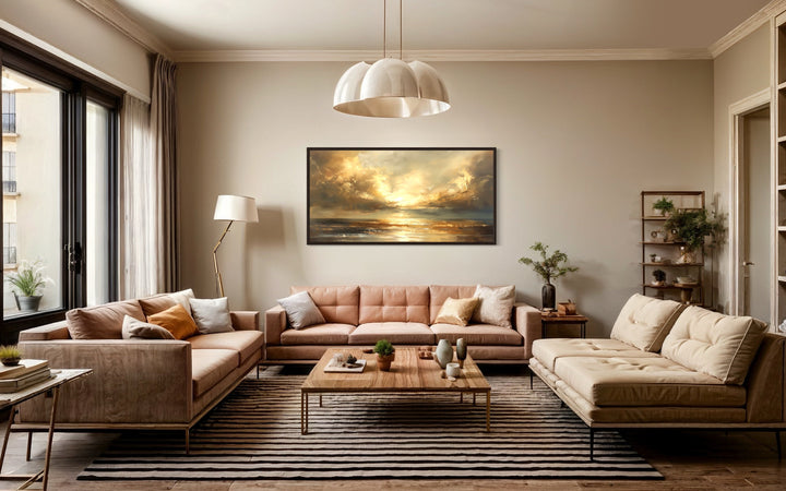 Golden Sunset Over Ocean Seascape Living Room Framed Canvas Wall Art
