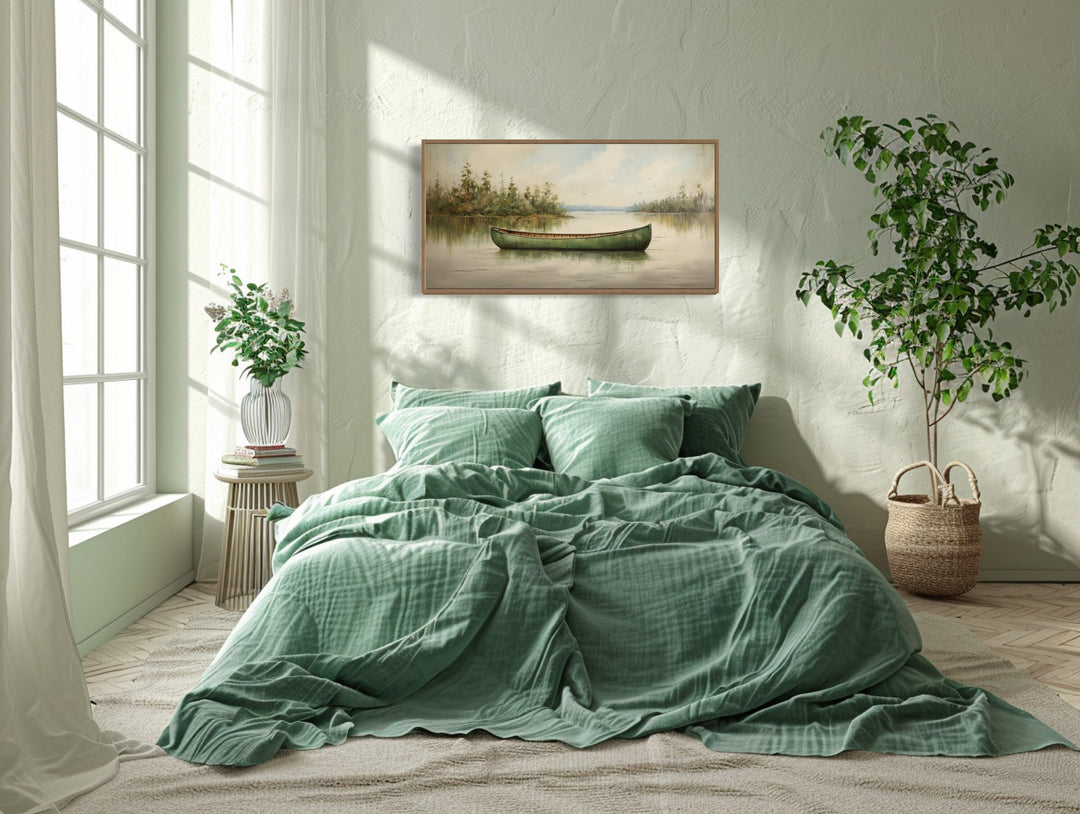 Green Canoe Vintage Painting On Wood Framed Cabin Wall Decor above bed