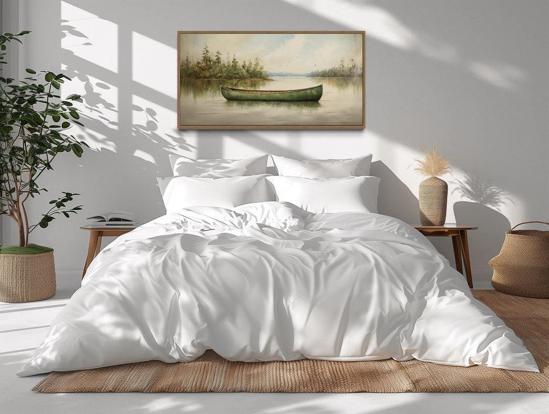 Green Canoe Vintage Painting On Wood Framed Cabin Wall Decor above bed