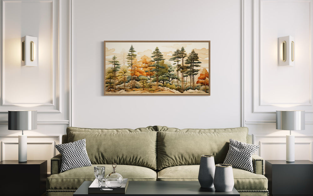 Layered Wood Panel Effect Rustic Pine Tree Forest Framed Canvas Wall Art in living room