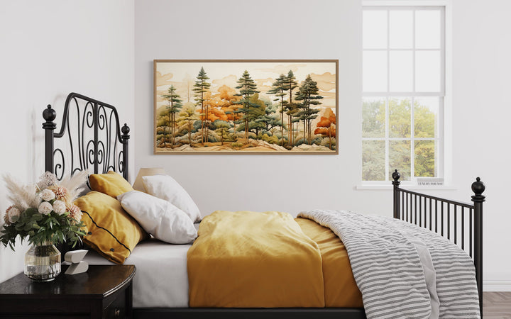 Layered Wood Panel Effect Rustic Pine Tree Forest Framed Canvas Wall Art in yellow bedroom