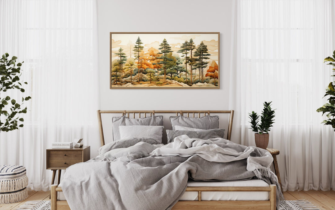 Layered Wood Panel Effect Rustic Pine Tree Forest Framed Canvas Wall Art in bedroom