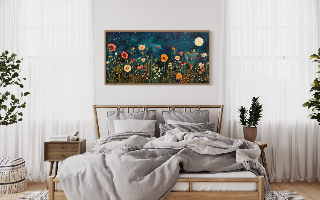 Wildflowers Field At Night Under Moon Large Horizontal Wall Art in bedroom