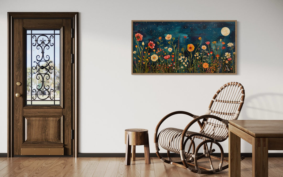 Wildflowers Field At Night Under Moon Large Horizontal Wall Art in living room