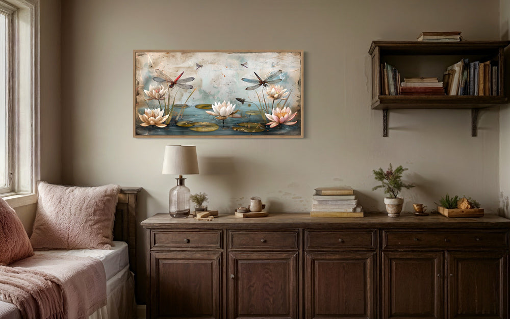 Rustic Dragonflies On Pond With Water Lilies Painting Framed Canvas Wall Art in bedroom
