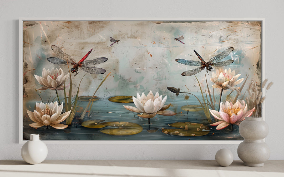 Rustic Dragonflies On Pond With Water Lilies Painting Framed Canvas Wall Art close up