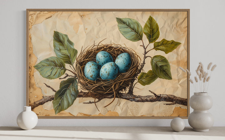 Bird Nest With Blue Eggs On Rustic Background Wall Art close up