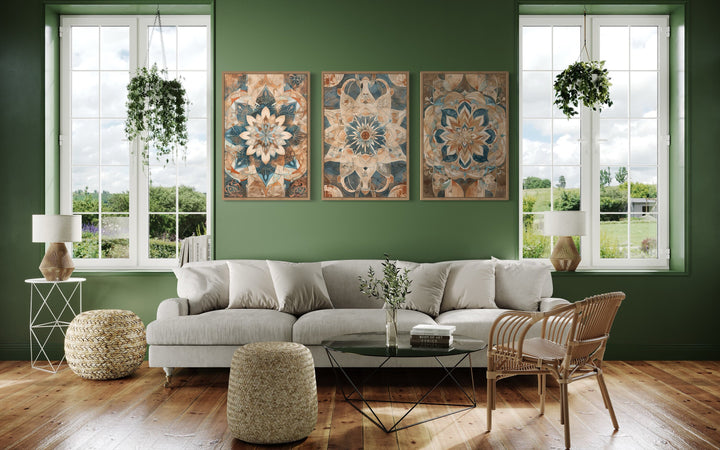 Framed Wall Art Set of 3 Boho Neutral Blue Beige Mandala Wall Decor in living room