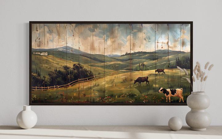 Rustic Pastoral Landscape Farm With Cows Wall Art close up