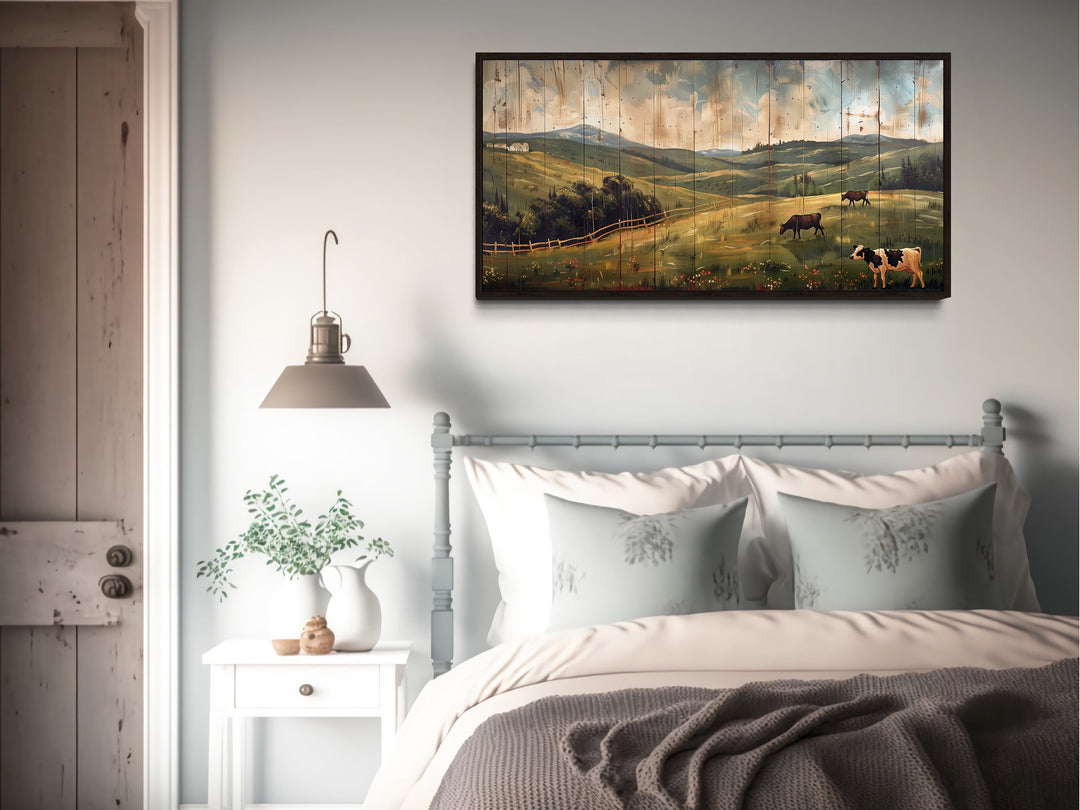 Rustic Pastoral Landscape Farm With Cows Wall Art above bed