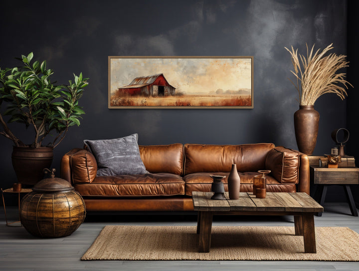 Rustic Old Red Barn Panoramic Farmhouse Wall Art above brown couch