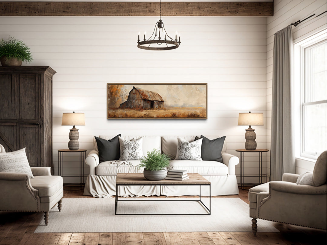 Rustic Brown Barn Horizontal Framed Canvas Wall Art above bed