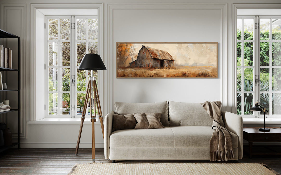 Rustic Brown Barn Horizontal Framed Canvas Wall Art in living room