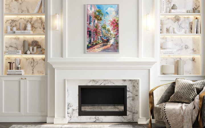 Charleston Horse Carriage In The Street Framed Canvas Wall Art above mantel