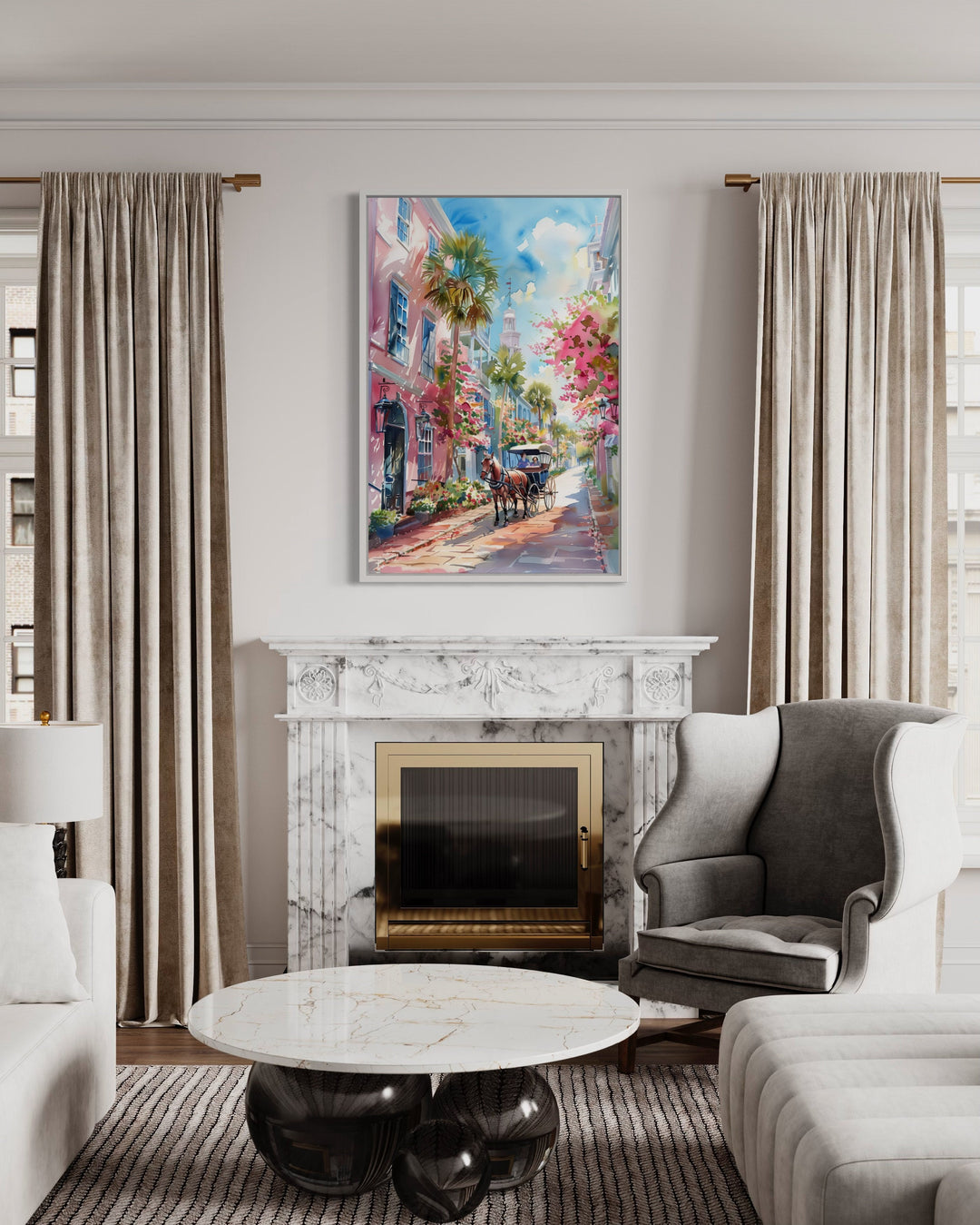 Charleston Horse Carriage In The Street Framed Canvas Wall Art above fireplace