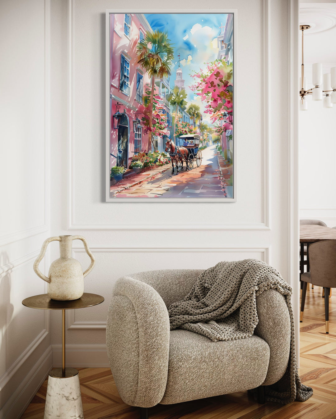 Charleston Horse Carriage In The Street Framed Canvas Wall Art in living room