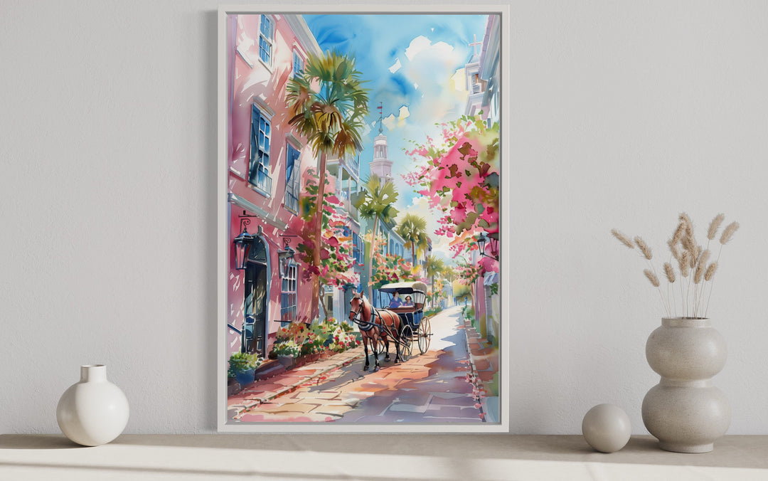 Charleston Horse Carriage In The Street Framed Canvas Wall Art