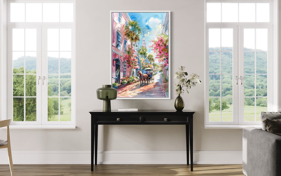 Charleston Horse Carriage In The Street Framed Canvas Wall Art in living room