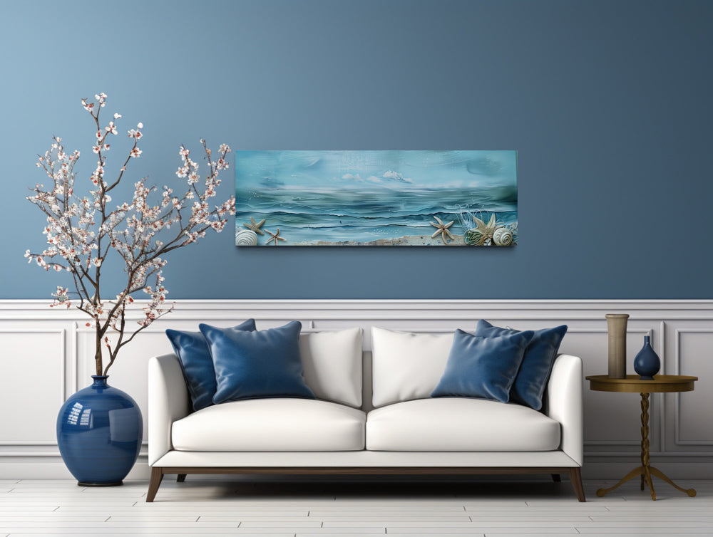 Long Horizontal Beach With Seashells Coastal Wall Art above couch