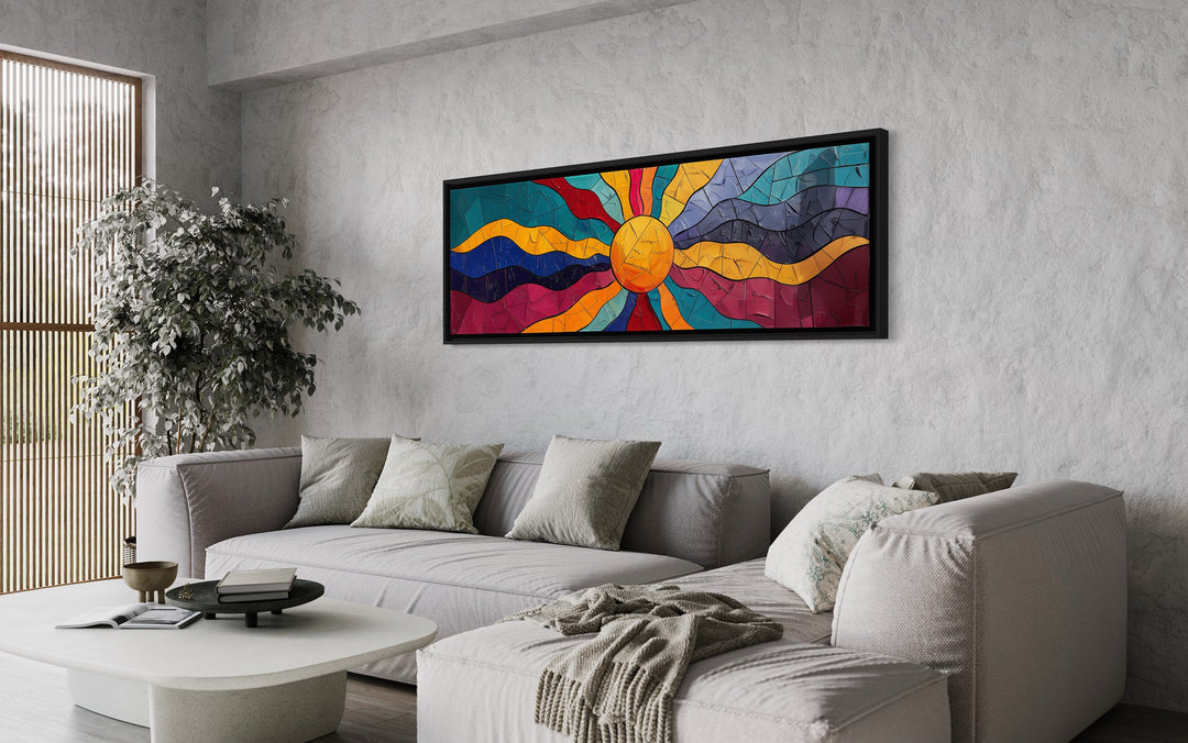 Vibrant Multicolored Sun Long Horizontal Canvas Wall Art above grey couch