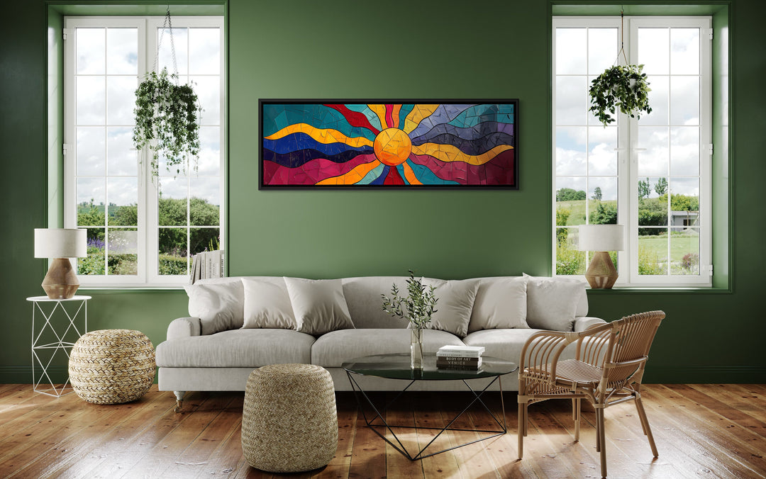 Vibrant Multicolored Sun Long Horizontal Canvas Wall Art in living room