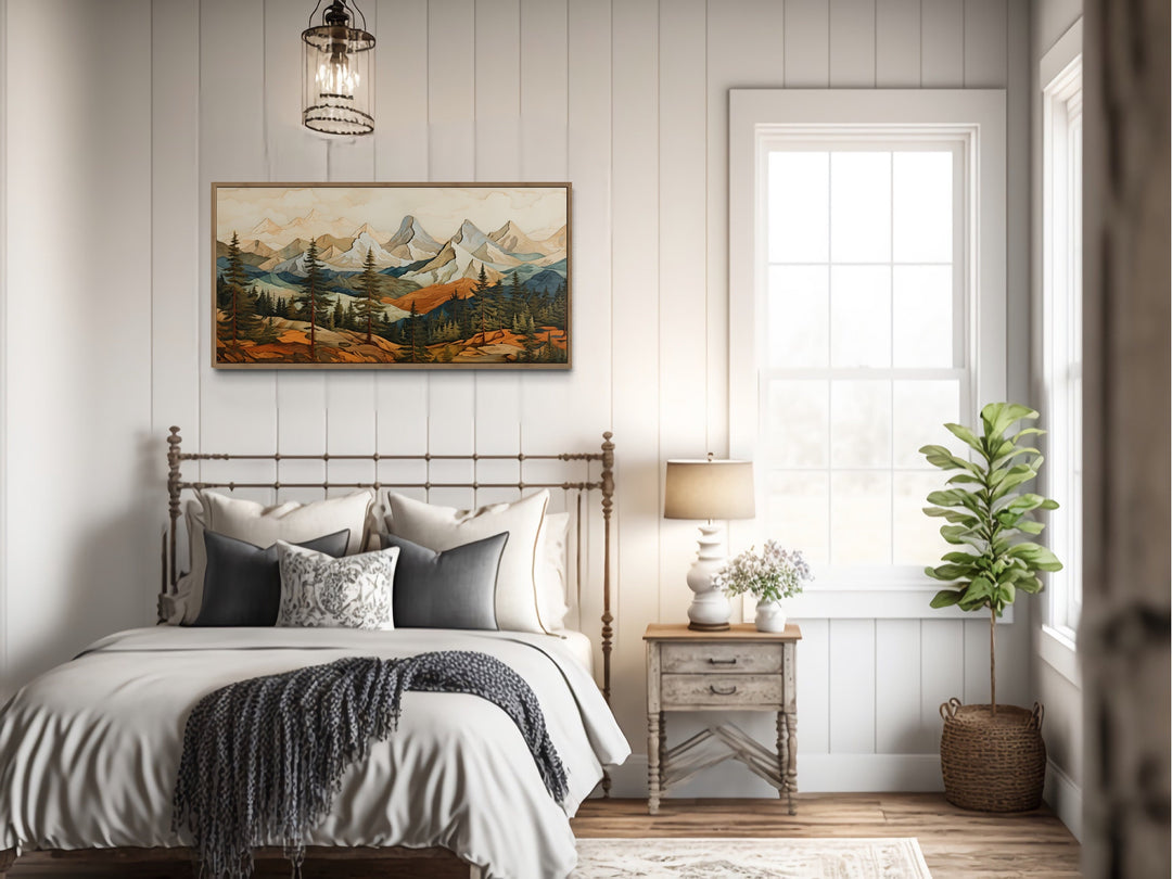 Rustic Mountain Layered Wood Panel Effect Painting Canvas Wall Art above rustic bed